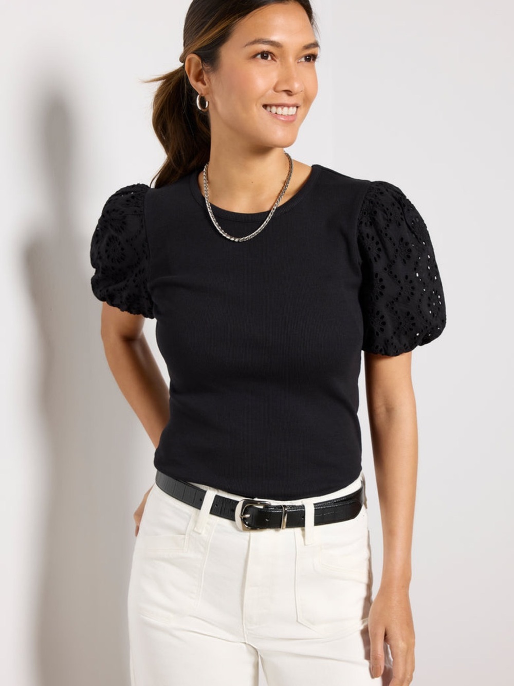 PAIGE Marina Black Puff-Sleeve Knit Tee